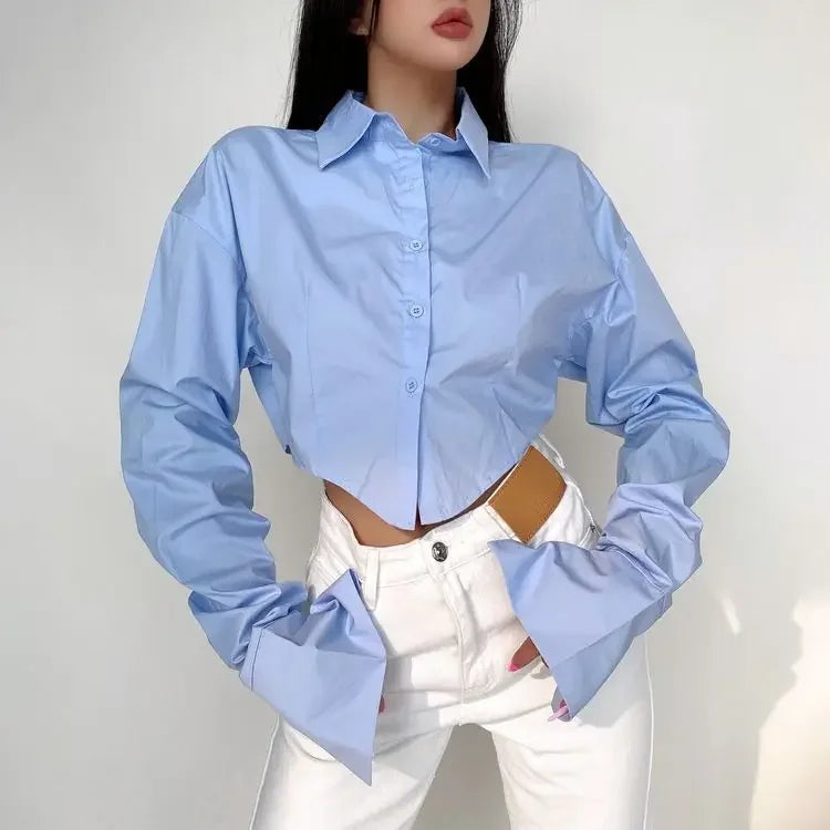 Casual Single Breasted Turn Down Collar Short Sleeve Blouse