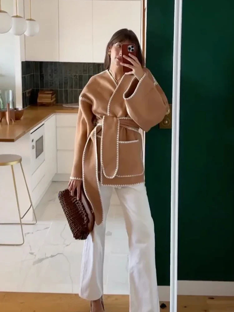 Embroidered Lace V Neck Coat - Fashionpara