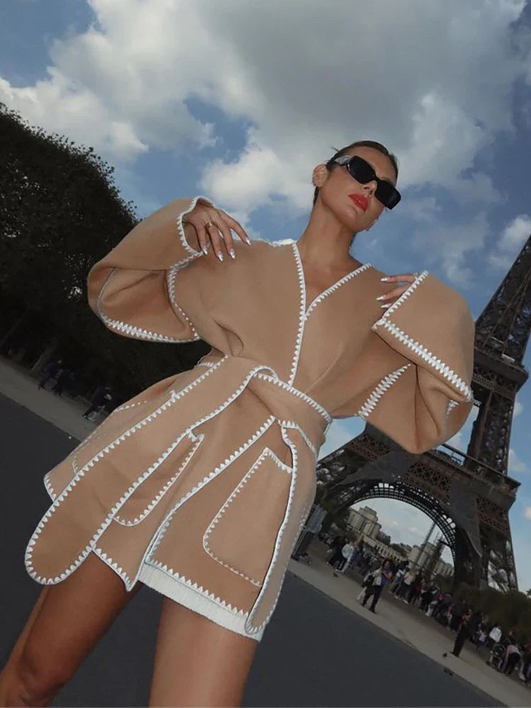 Embroidered Lace V Neck Coat - Fashionpara