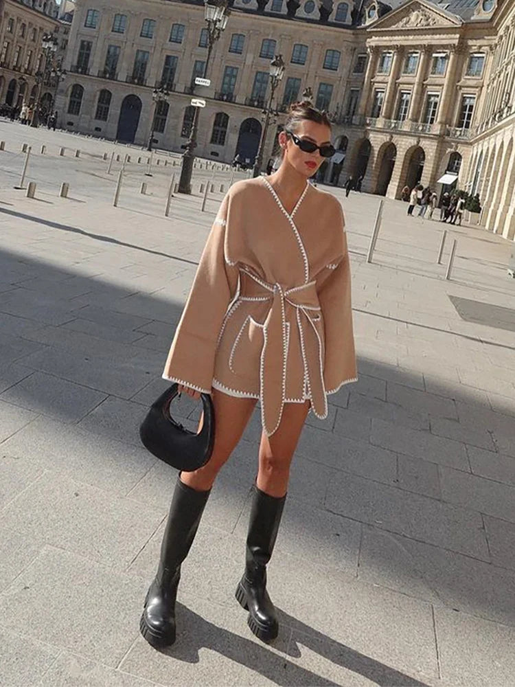 Embroidered Lace V Neck Coat - Fashionpara