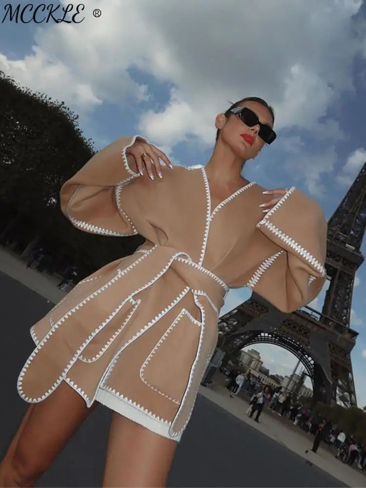 Embroidered Lace V Neck Coat - Fashionpara