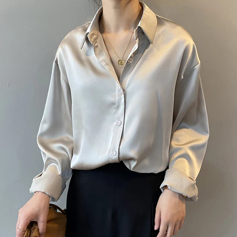 Autumn Button Up Satin Vintage White Blouse