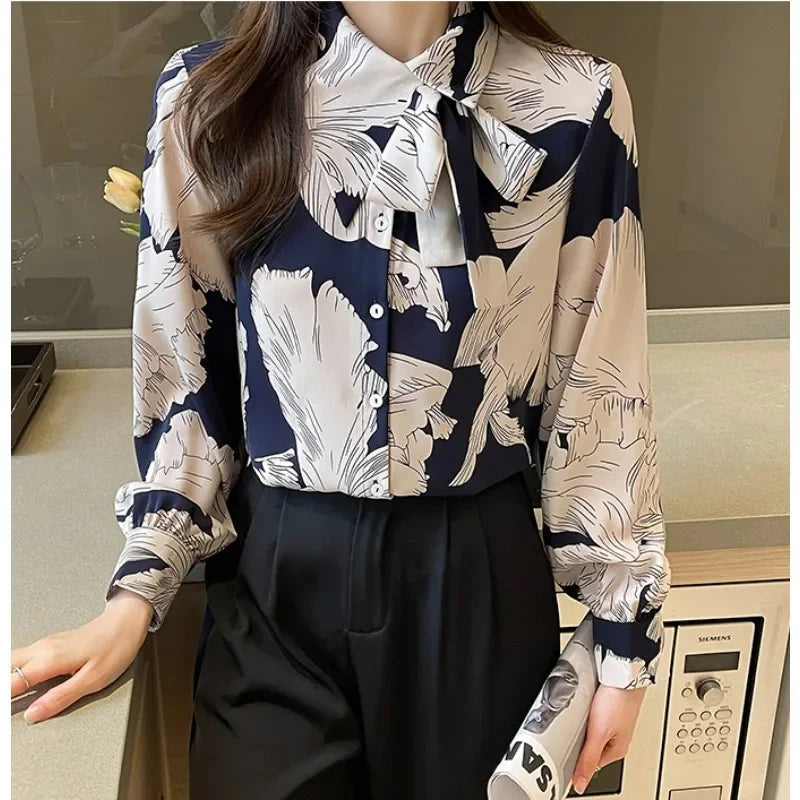 Chiffon Flower Button Up Long Sleeve Blouse