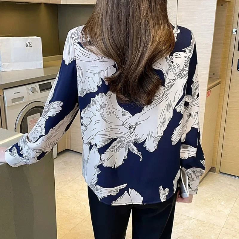 Chiffon Flower Button Up Long Sleeve Blouse