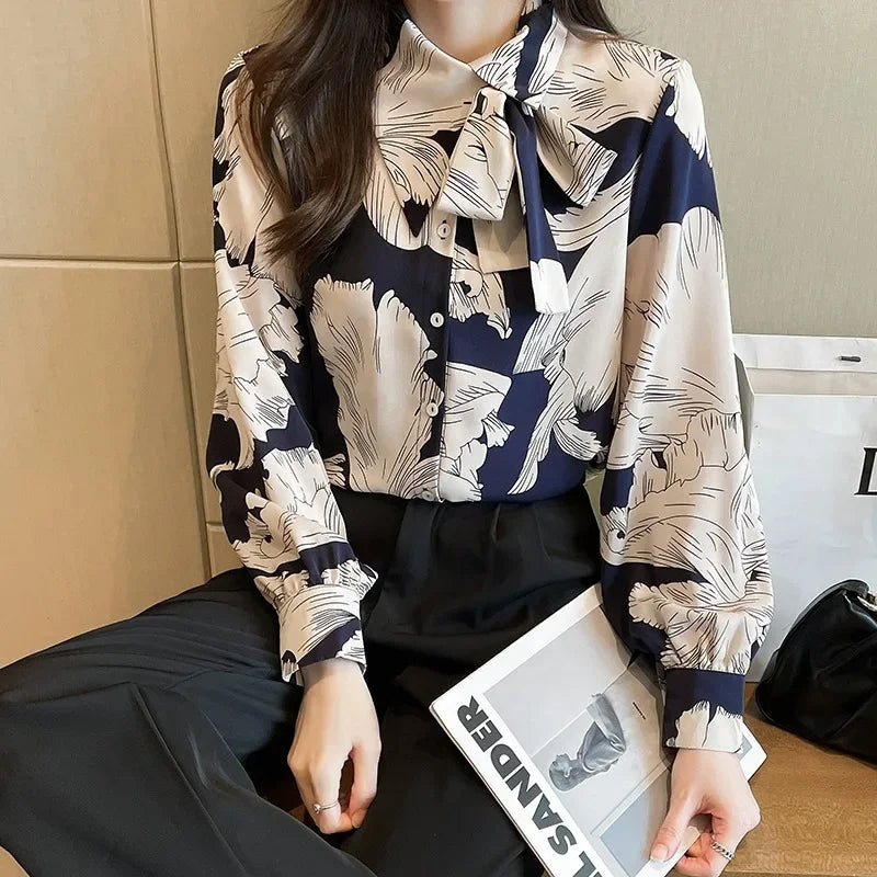 Chiffon Flower Button Up Long Sleeve Blouse