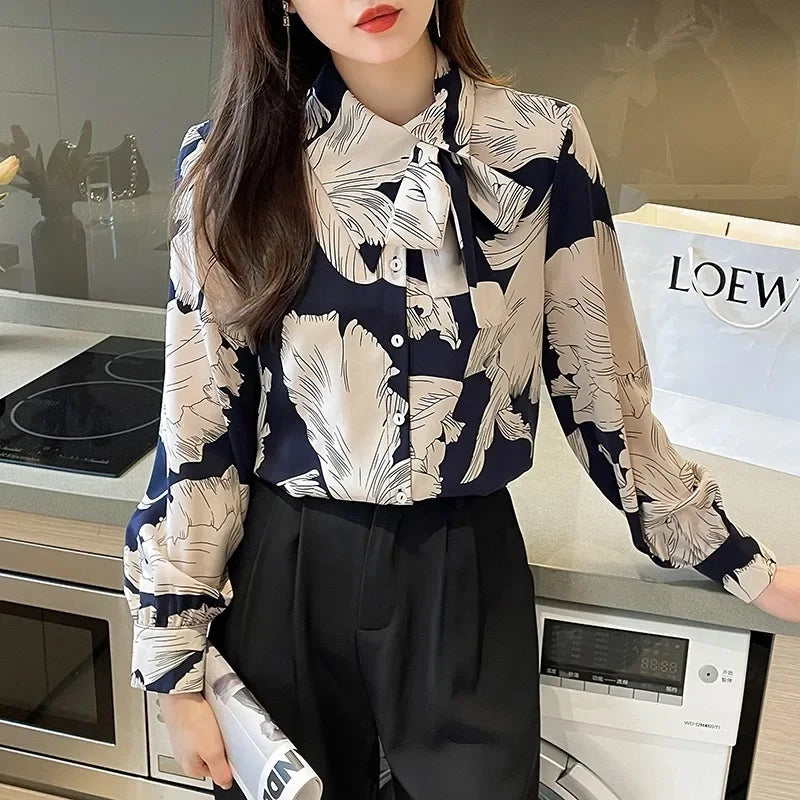Chiffon Flower Button Up Long Sleeve Blouse