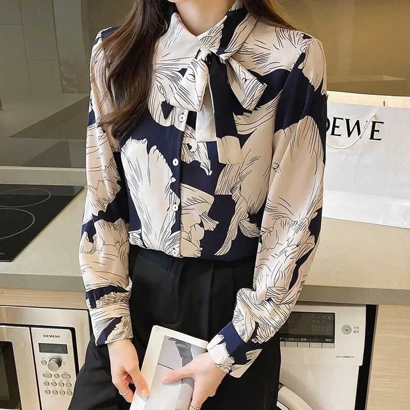 Chiffon Flower Button Up Long Sleeve Blouse
