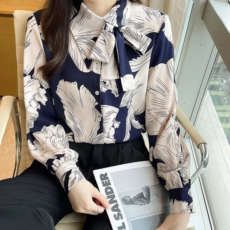 Chiffon Flower Button Up Long Sleeve Blouse