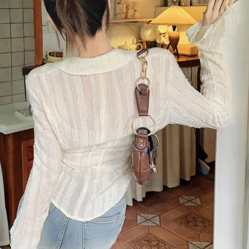 Lace Up Blouse Turn-down Collar Women Blouse