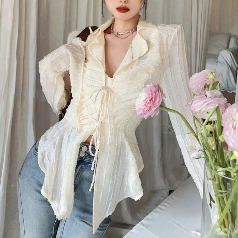 Lace Up Blouse Turn-down Collar Women Blouse
