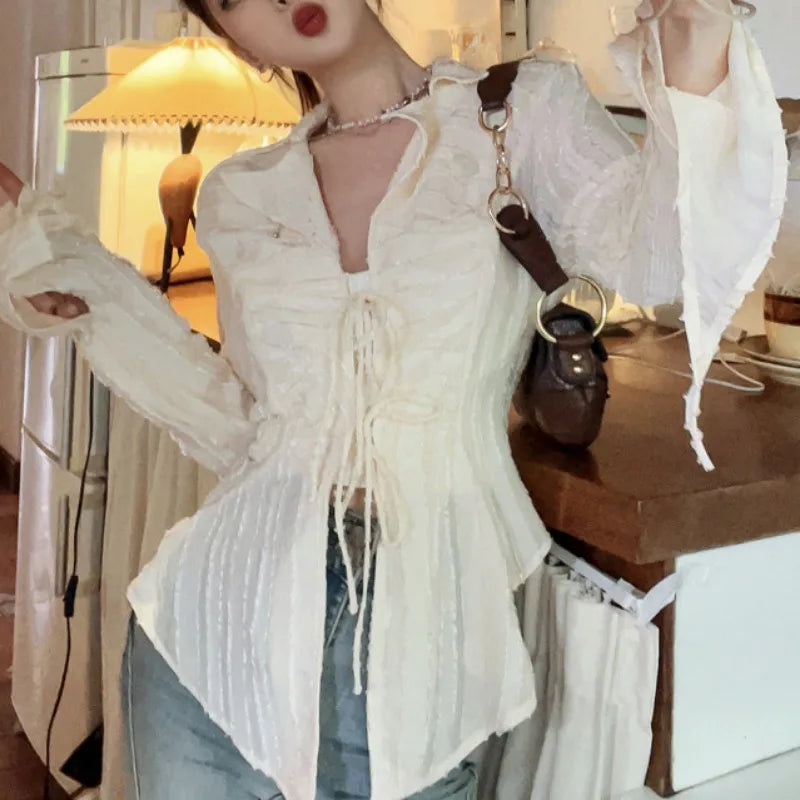 Lace Up Blouse Turn-down Collar Women Blouse