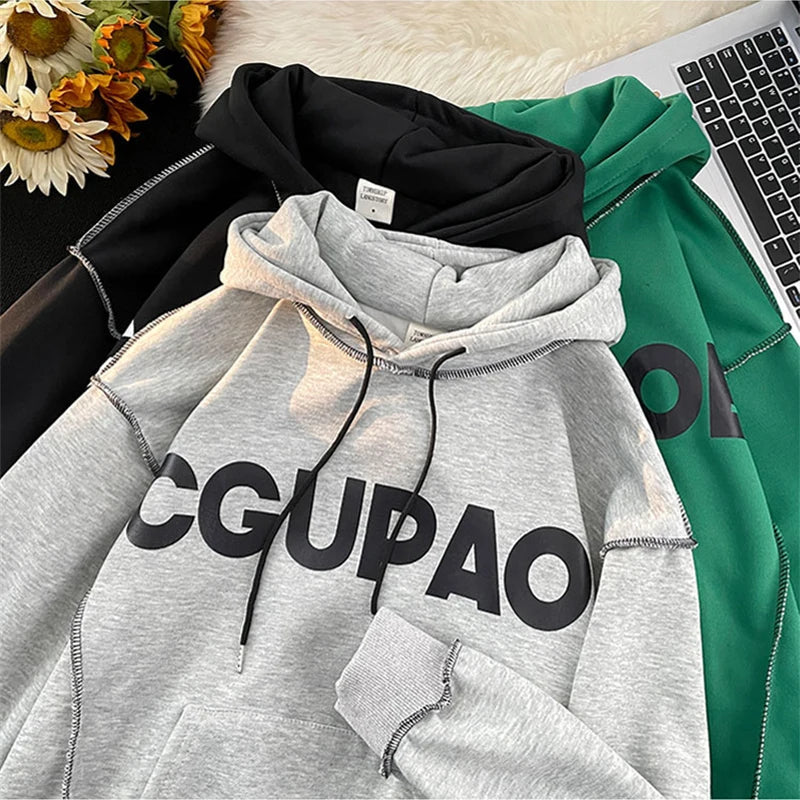 Autumn Letter Print Loose Fleece Hoodie