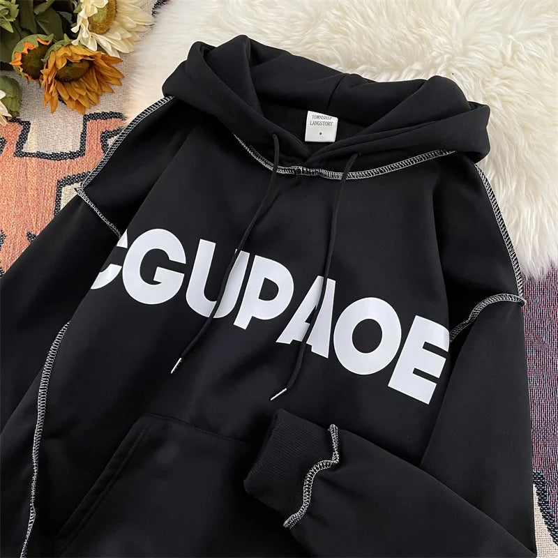 Autumn Letter Print Loose Fleece Hoodie