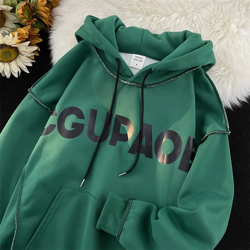 Autumn Letter Print Loose Fleece Hoodie