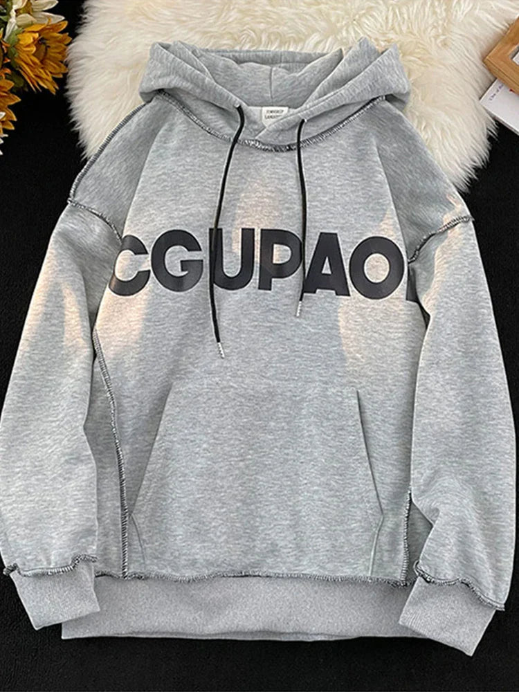 Autumn Letter Print Loose Fleece Hoodie