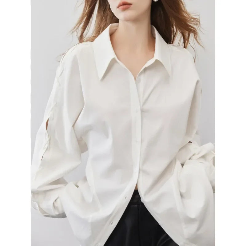 Cotton Long Sleeve Button Up Casual Office Blouse WHITE / S blouse-250126