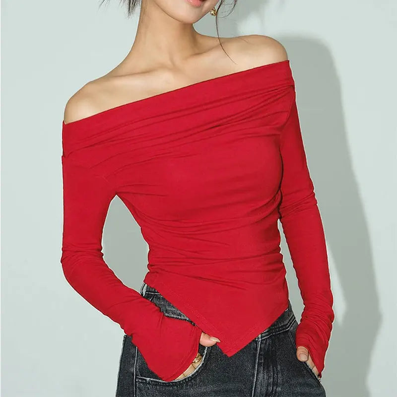 Off Shoulder Long Sleeve Ruched Asymmetric Hem Slim Top