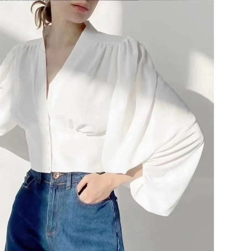 V-neck High Waist Lantern Sleeve Satin Blouse