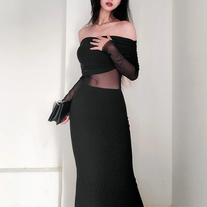 Off Shoulder Long Sleeve Cutout Bodycon Maxi Dress