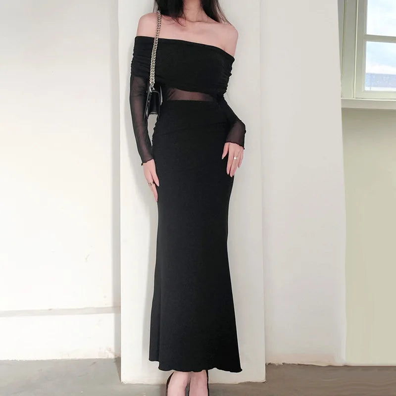 Off Shoulder Long Sleeve Cutout Bodycon Maxi Dress