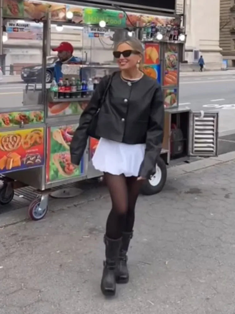 Autumn Single-breasted Long Sleeve Casual O-neck Cropped Black Coats - Fashionpara