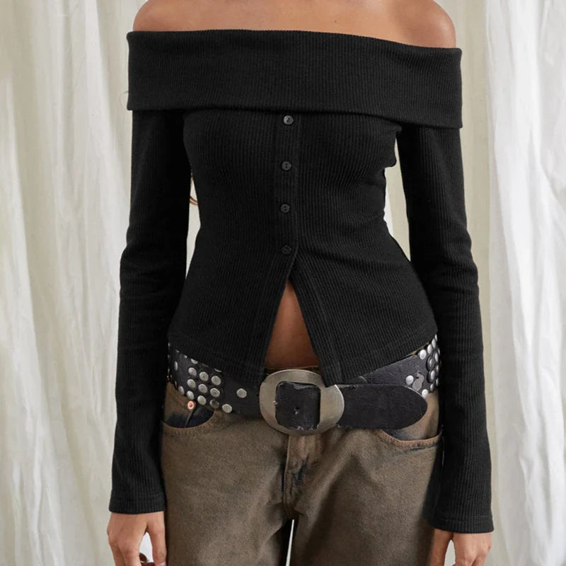Rib Knitted Casual Long Sleeve Off-Shoulder Slim Fit T-shirt Women