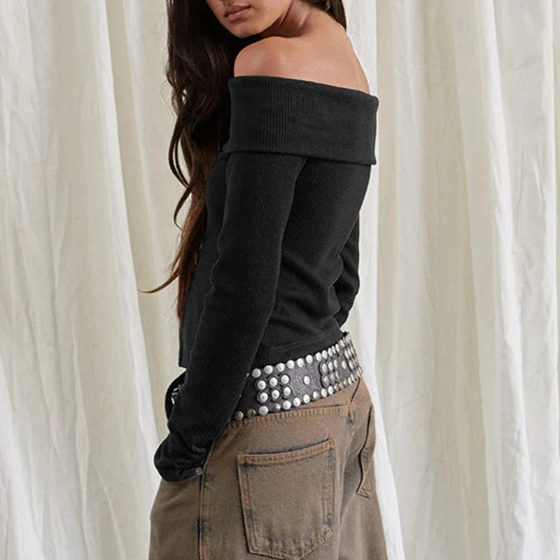 Rib Knitted Casual Long Sleeve Off-Shoulder Slim Fit T-shirt Women