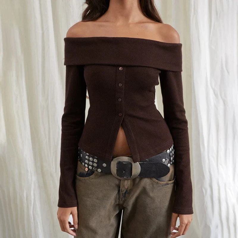 Rib Knitted Casual Long Sleeve Off-Shoulder Slim Fit T-shirt Women