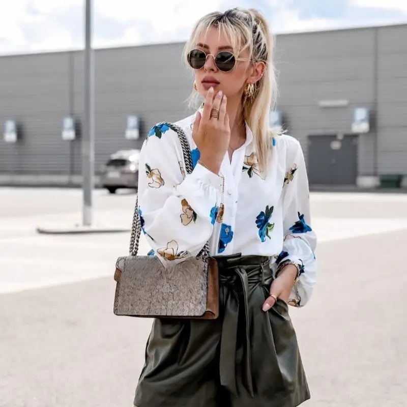 Stand Collar Floral Print Lantern Sleeve Blouse