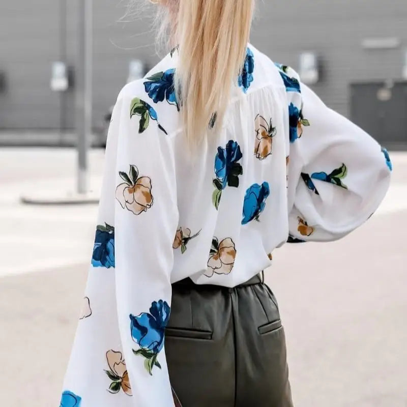 Stand Collar Floral Print Lantern Sleeve Blouse