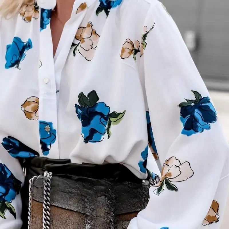 Stand Collar Floral Print Lantern Sleeve Blouse
