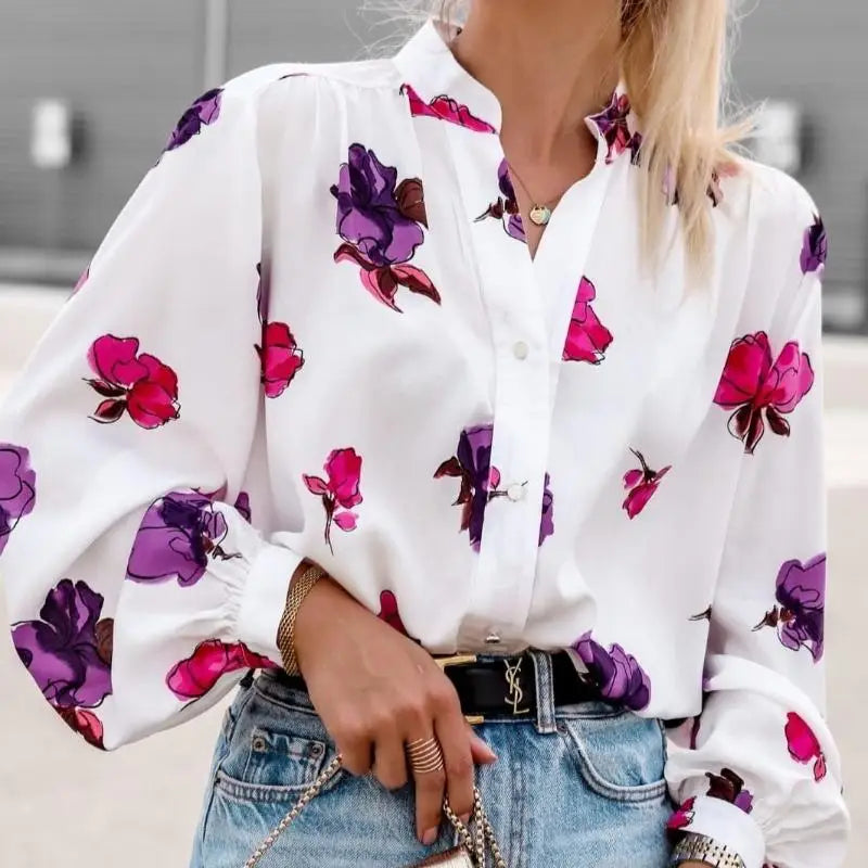 Stand Collar Floral Print Lantern Sleeve Blouse