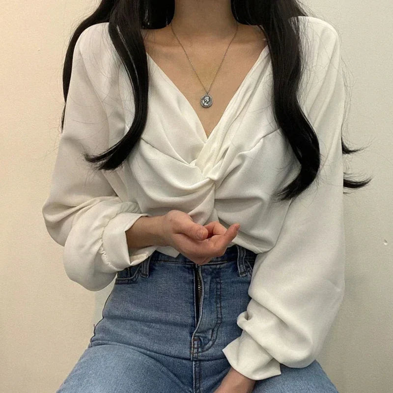 V-neck Twisted Lantern Sleeve Solid Casual Blouse