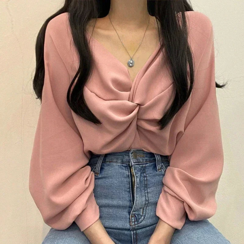 V-neck Twisted Lantern Sleeve Solid Casual Blouse