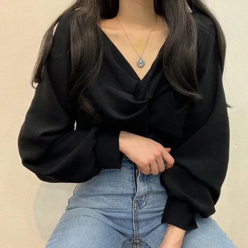 V-neck Twisted Lantern Sleeve Solid Casual Blouse