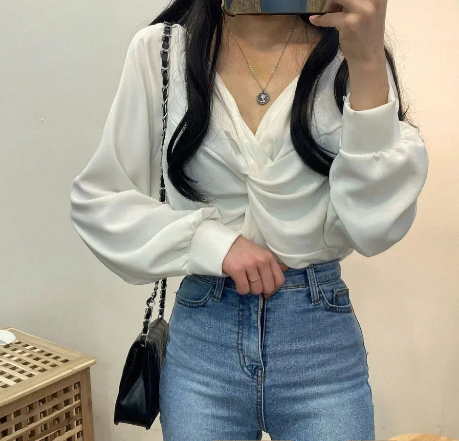 V-neck Twisted Lantern Sleeve Solid Casual Blouse