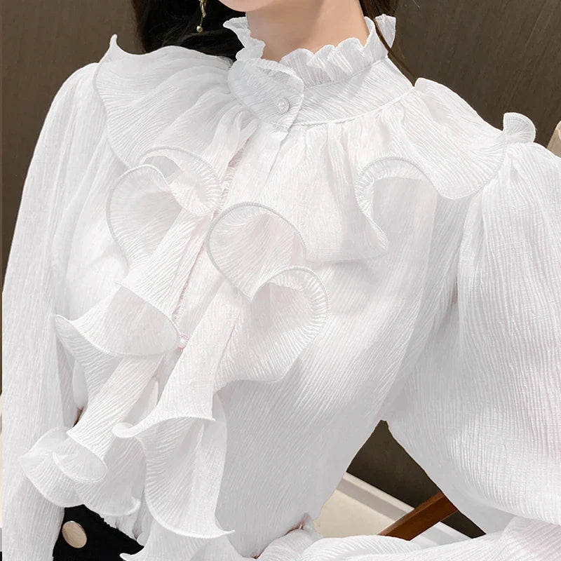Autumn Ruffled Lace Chiffon Stand Collar Blouse