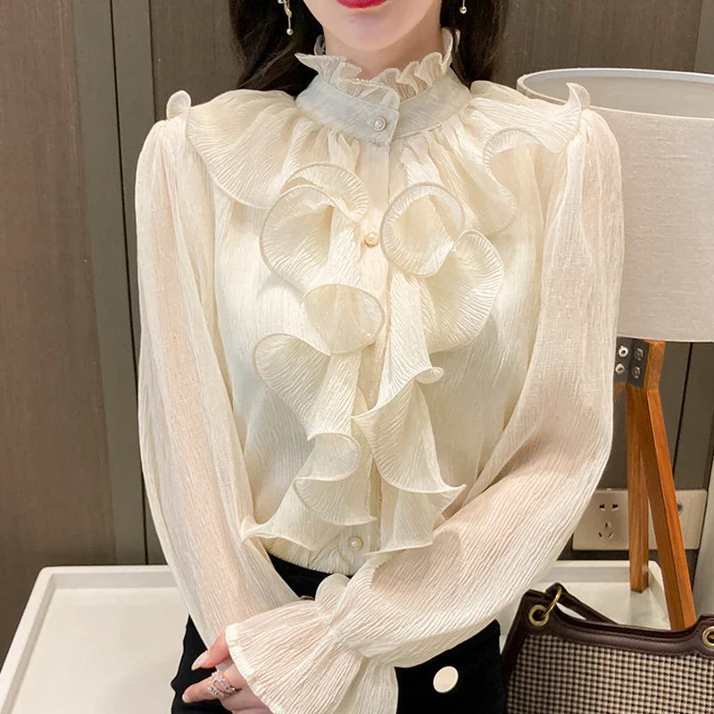 Autumn Ruffled Lace Chiffon Stand Collar Blouse