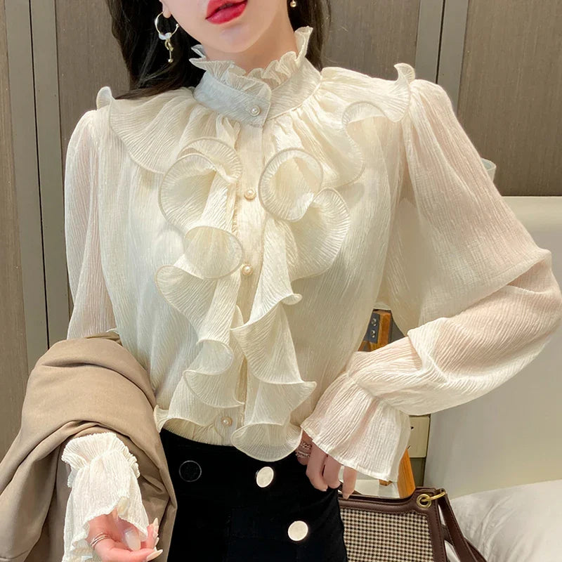 Autumn Ruffled Lace Chiffon Stand Collar Blouse