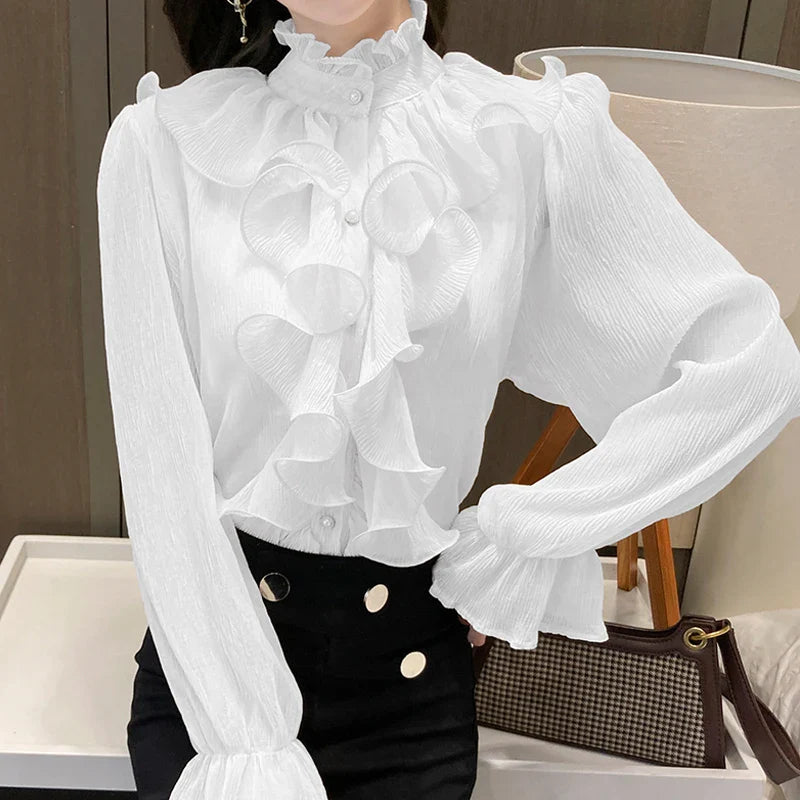 Autumn Ruffled Lace Chiffon Stand Collar Blouse