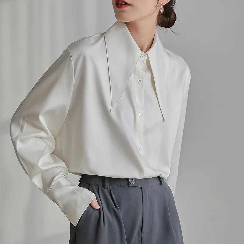 Vintage Satin Silk Turn Down Collar Blouse