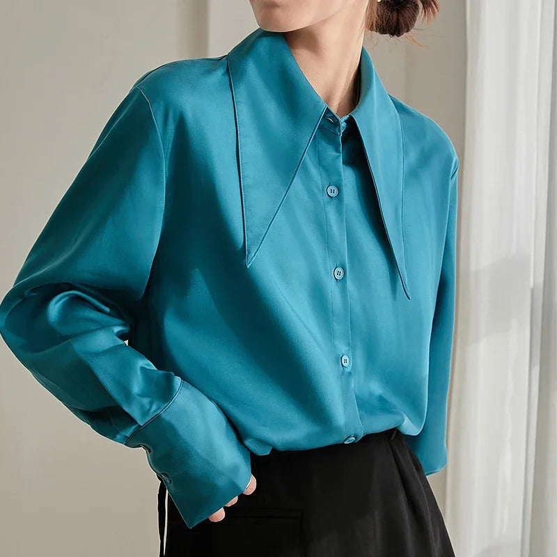 Vintage Satin Silk Turn Down Collar Blouse