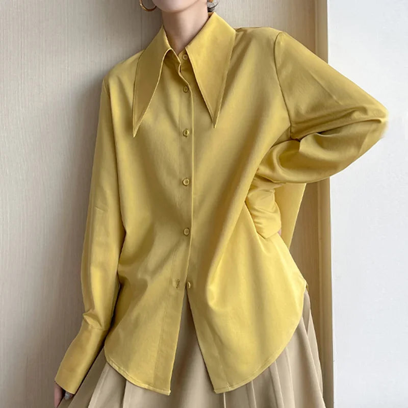 Vintage Satin Silk Turn Down Collar Blouse