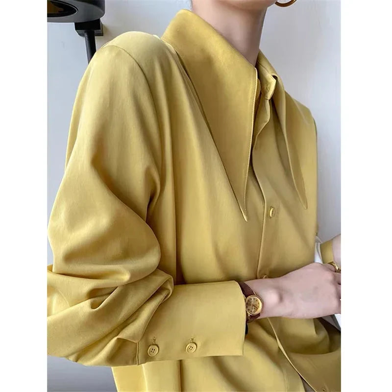 Vintage Satin Silk Turn Down Collar Blouse