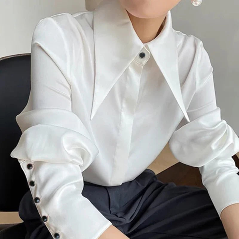 Vintage Satin Silk Turn Down Collar Blouse