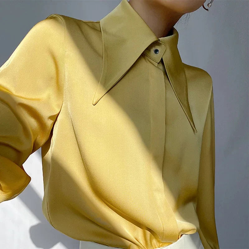 Vintage Satin Silk Turn Down Collar Blouse