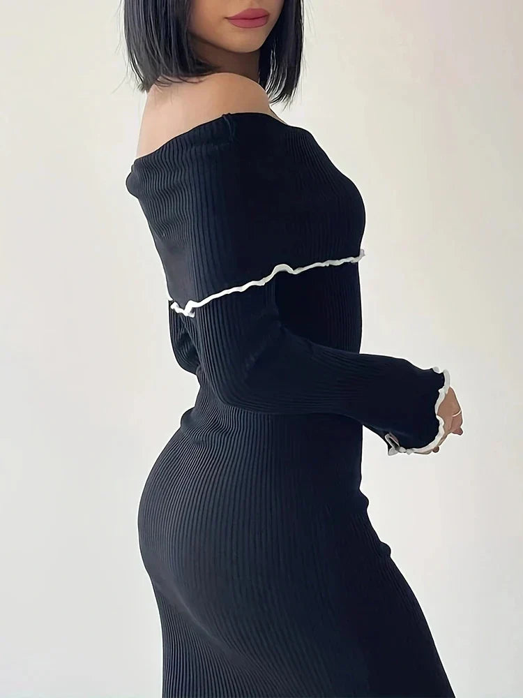 Ribbed Knit Off-Shoulder Foldover Long Sleeve Maxi Dress 6