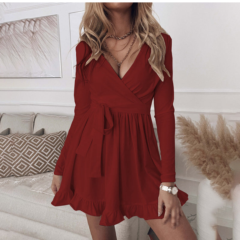 Surplice V-Neck Long-Sleeve Tie-Waist Ruffle-Hem Mini Dress 3
