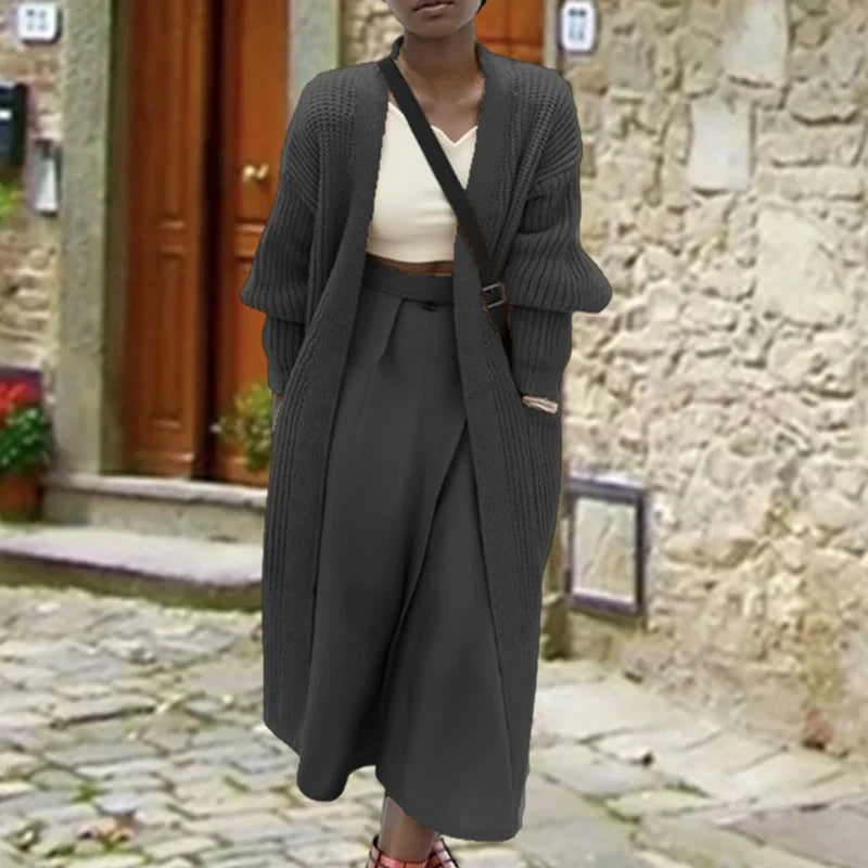 Solid Rib Knitting V-neck Casual Long Sleeve Pocket Warm Autumn Winter Coats - Fashionpara