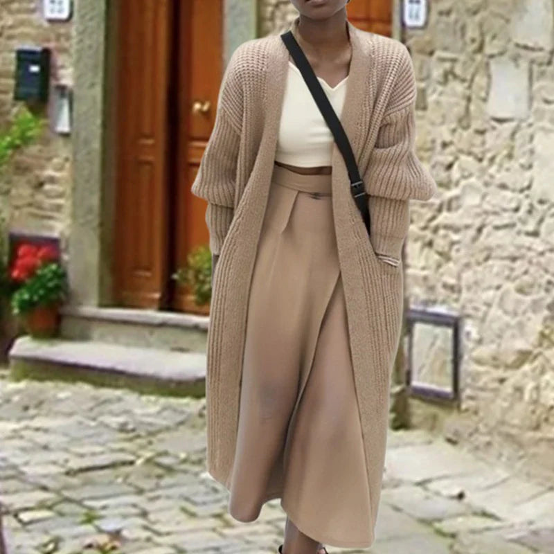 Solid Rib Knitting V-neck Casual Long Sleeve Pocket Warm Autumn Winter Coats - Fashionpara